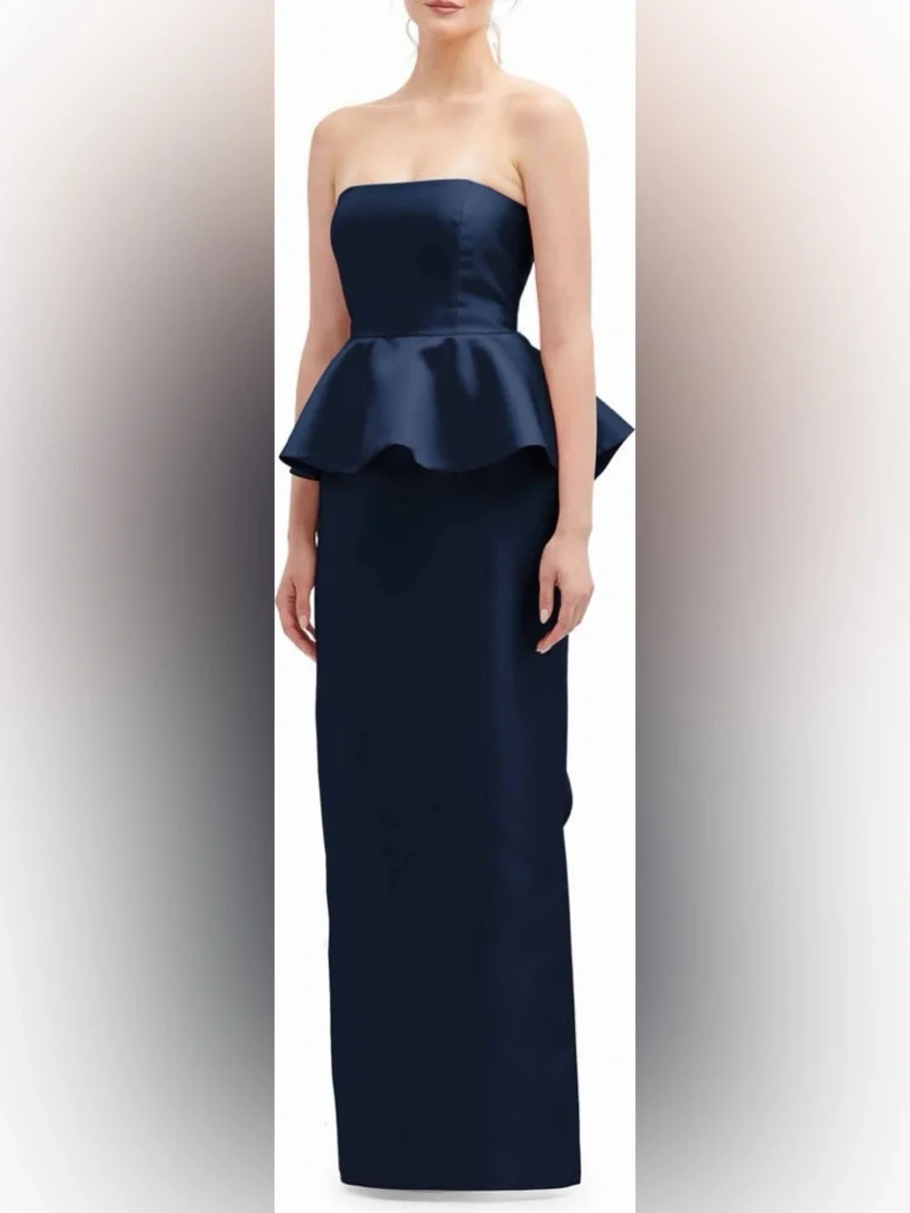 NWT Alfred Sung Strapless Ruffle Peplum Satin Column Gown in Midnight Navy, 2R - Picture 4 of 15
